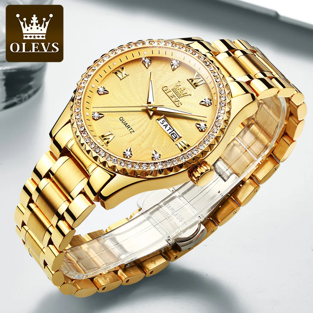 OLEVS 5565 Diamond Lap Quartz Watches for Men Golden Stainless Steel Waterproof Dual Calendar Men\'s Wrist Clock Luxury Man Watch