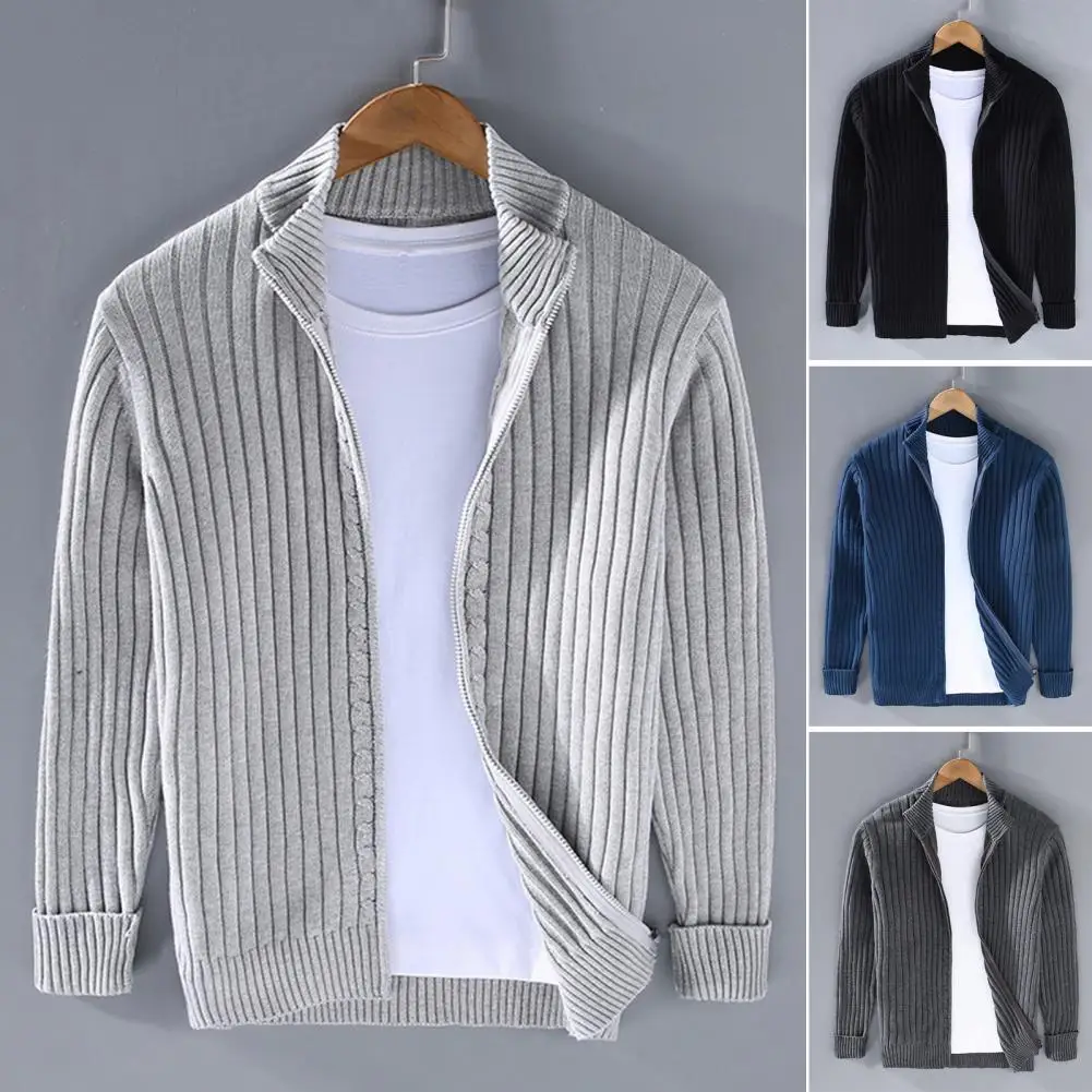 

Long-sleeve Zipper Cardigan F Men's Thick Knit Cardigan with Zipper Closure Striped Texture Stand Collar Winter Coat for Wear