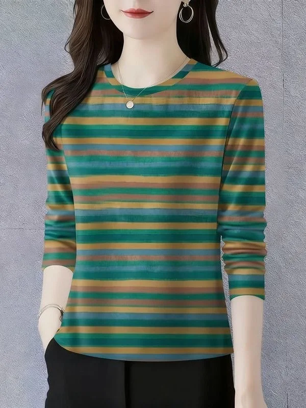 

Elegant Stripe Long Sleeve round Neck Top Women's Base Shirt Mom's Fashion Anti-Aging Casual Polyester Fiber Printed Wear Res...