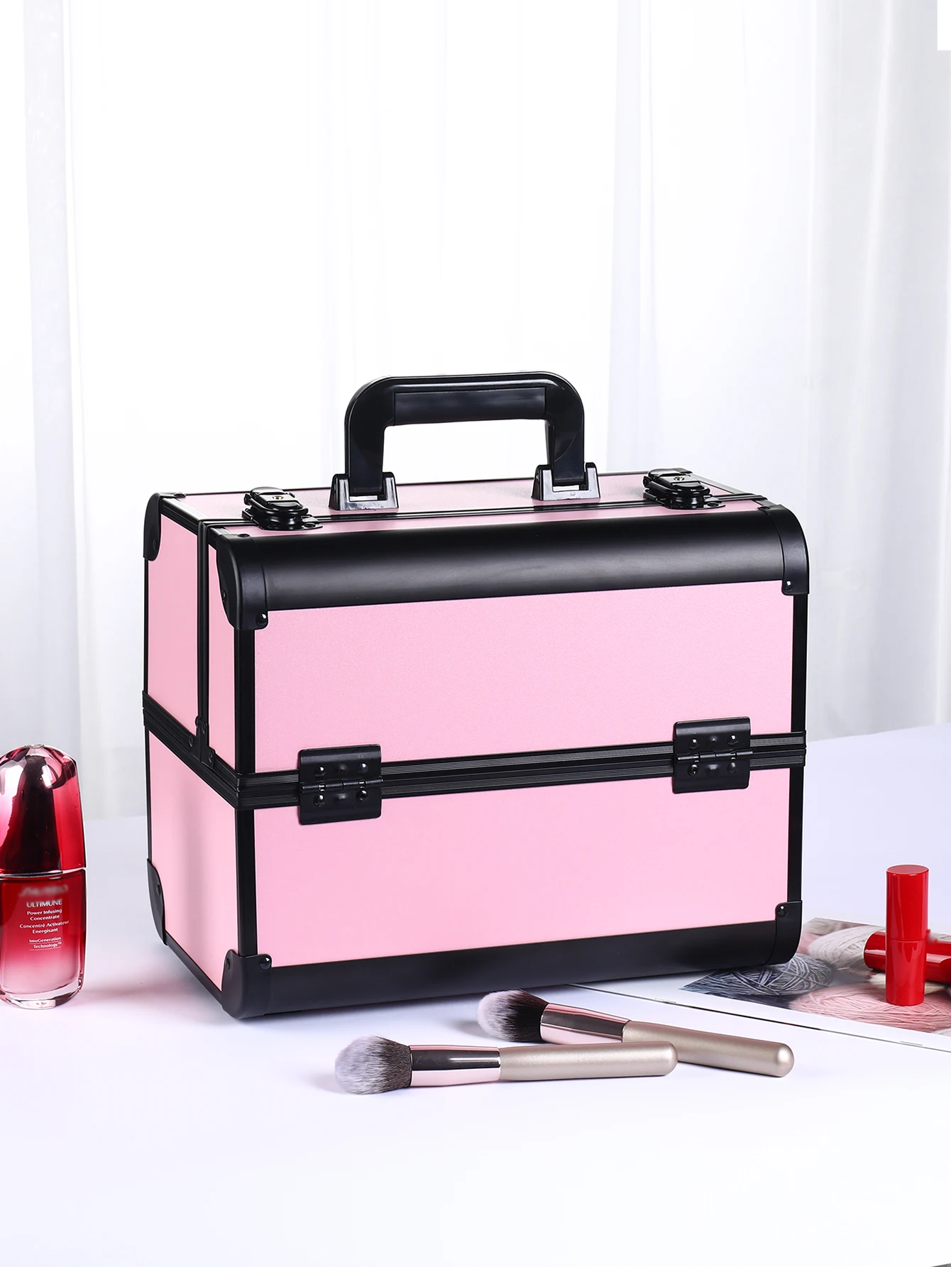 Portable Makeup Case Organizer Cosmetic Box Travel Makeup Storage Case with 4 Trays Lock for Craft Makeup Box