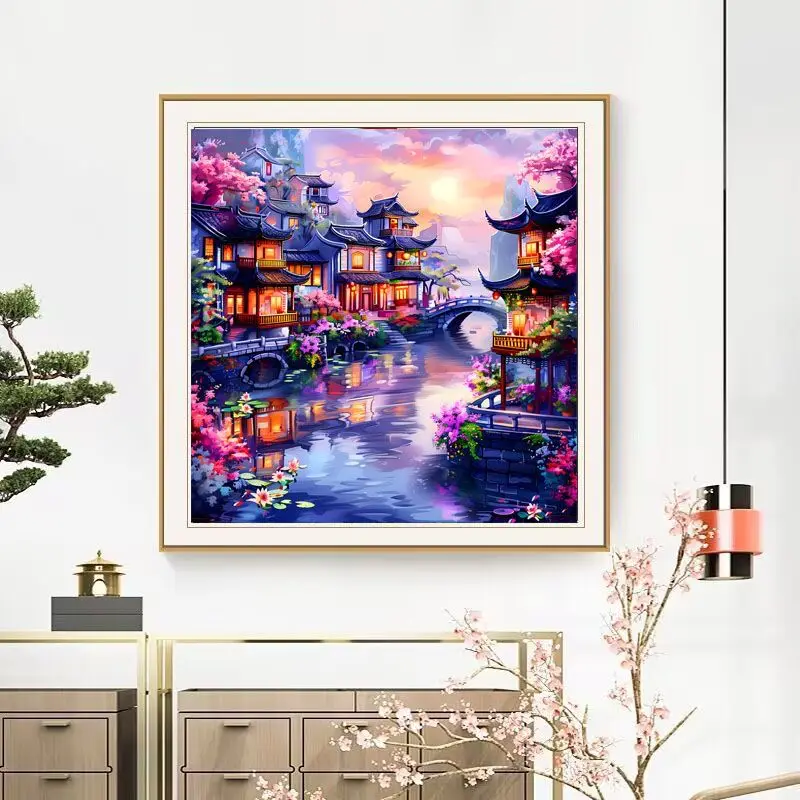 Jiangnan Scenery Cross Stitch Kits Stamped 11CT Needlework DIY Patterns Handmade Embroidery Set 55 Colors
