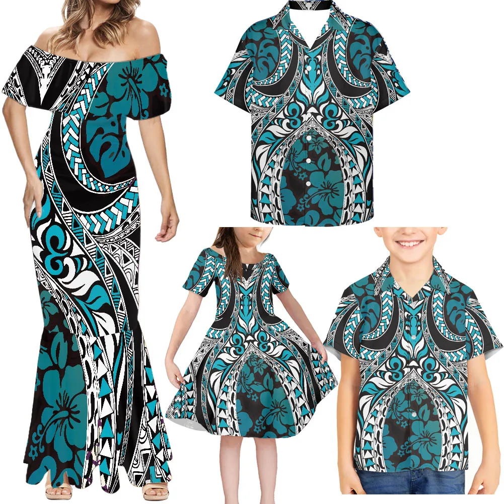 

HYCOOL Polynesian Island 4pcs Family Matching Set Puletasi Style Samoa Plus Size Summer Couples Outfits Mommy And Me Dress 2022