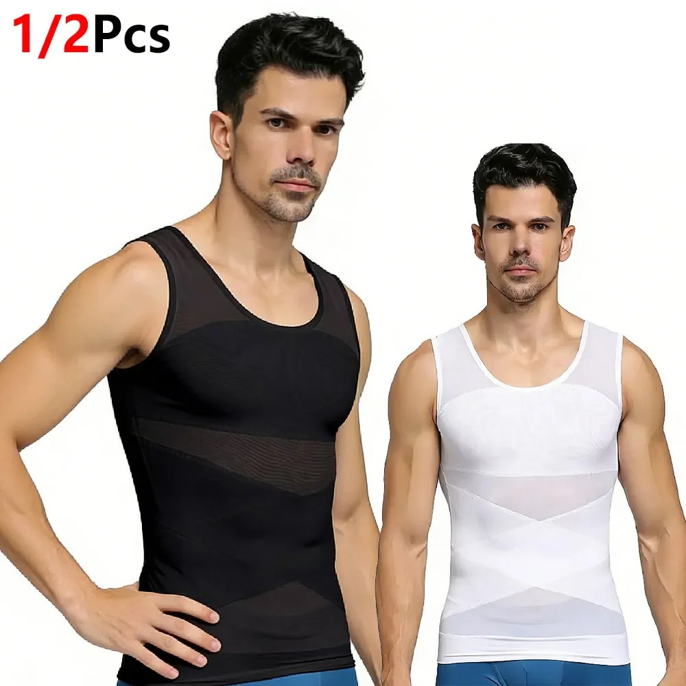 1/2Pcs Mens Slimming Undershirt, X Cross Abdomen Pressure Design Mesh Compression Tank Top,Body Shaper Vest, Under Daily Clothes