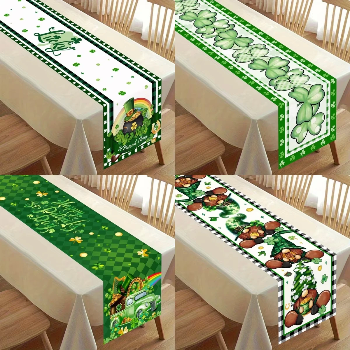 St. Patrick's Day Kleeblatt-Glückshüte Polyester-Tischläufer, Frühlings-Party-Deko für Küche und Esstisch, 2026 Irish Saint Patrick