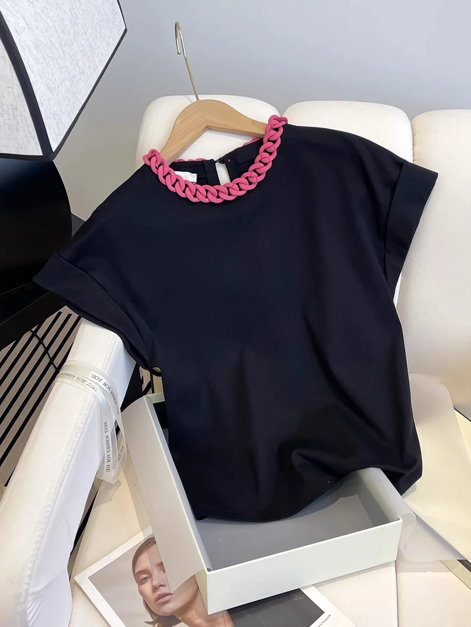 

Корейская футболка в стиле ретро Sle ort Sve, женская летняя модная футболка Bla Top Color Blo Chain Design, повседневная свободная посадка, круглая...