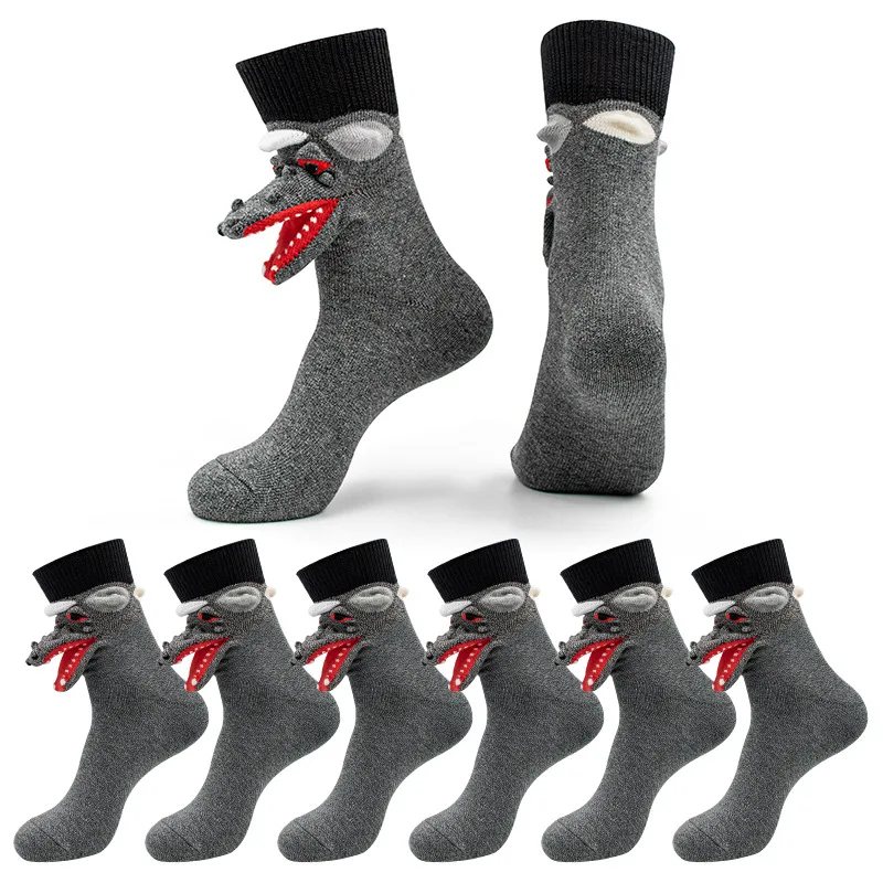 1 Pair New 3D Three-Dimensional Cartoon Funny Cotton Animal Print Socks Gray Wolf Socks