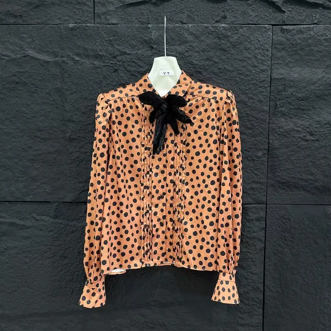 

Caramel-colored polka dot ribbon bow tie collar flared sleeve long-sleeved shirt - elegant and luxurious top