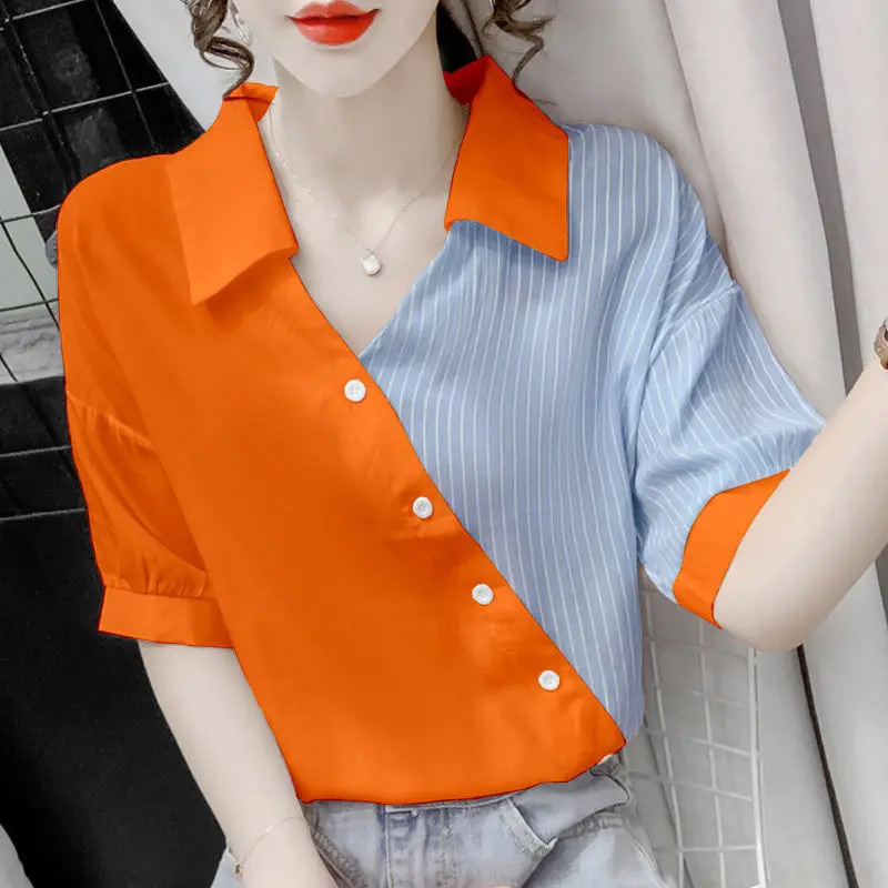 Summer Women\'s Clothing Fashion Chic Striped Spliced Blouse Korean All-match Short Sleeve Contrast Color Chiffon Shirt Female