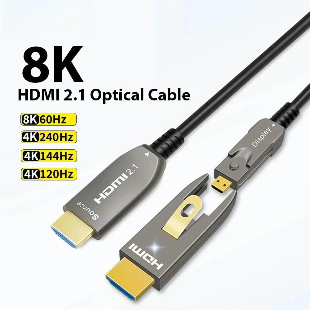 Threading Type Detachable Optical Fiber HDMI 2.1 Cable 8K@60Hz 4K@240Hz 48Gbps HDR Connecting Wire for Blu-ray Projector 30M