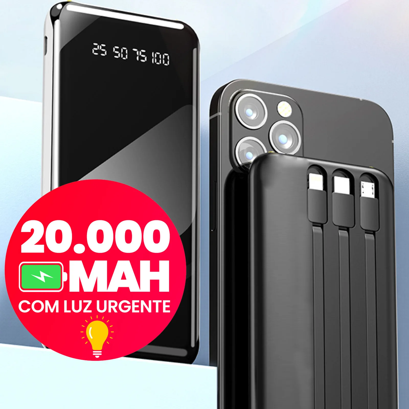 Power Bank 20000mAh Com Lanterna e Design Favo de Mel Carregador Portátil e Bateria Externa Para Viagens Longas
