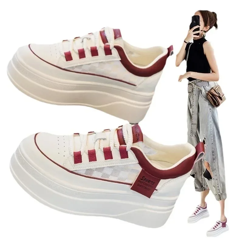 2024 Autumn Hot Seller Trendy Interior Height Increasing Women\'s Shoes Mesh Breathable Thick Sole Versatile Casual Board Shoes