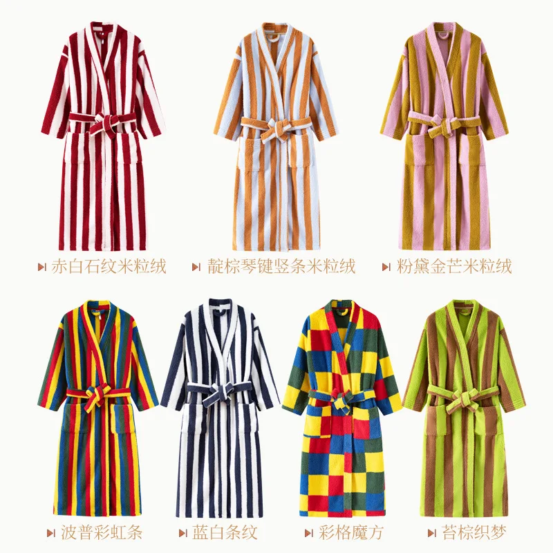 Thickened Flannel Robe Pants Pajamas Set Autumn Winter New Couple Coral Velvet Women Men Bathrobe Striped Lengthed Home Clothes