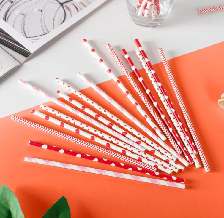 White Base Color Red Small Dots Pattern Valentines Paper Straws For Party Anniversary