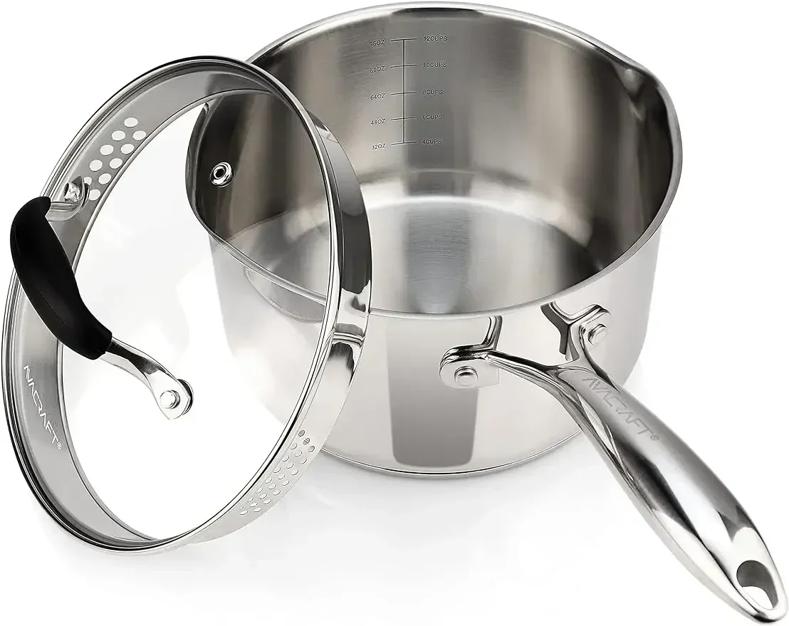 AVACRAFT Stainless Steel Saucepan with Glass Lid, Strainer Lid, Two Side Spouts for Easy Pour with Ergonomic Handle