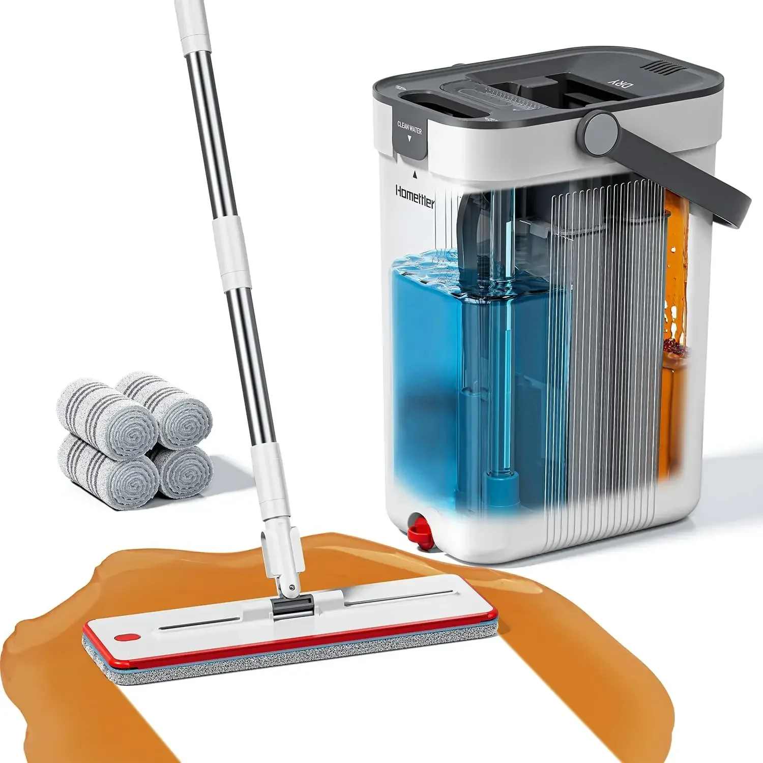

3-tank flat mop & bucket set with separate water compartments, 360° rotating head for easy floor cleaning.