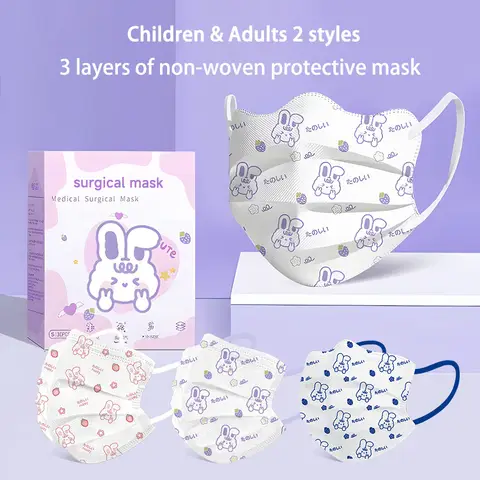 Masque facial de dessin animé pour adultes et enfants, jetable, emballé individuellement, Kawaii, mignon lapin fraise, rose, violet, pour jeunes