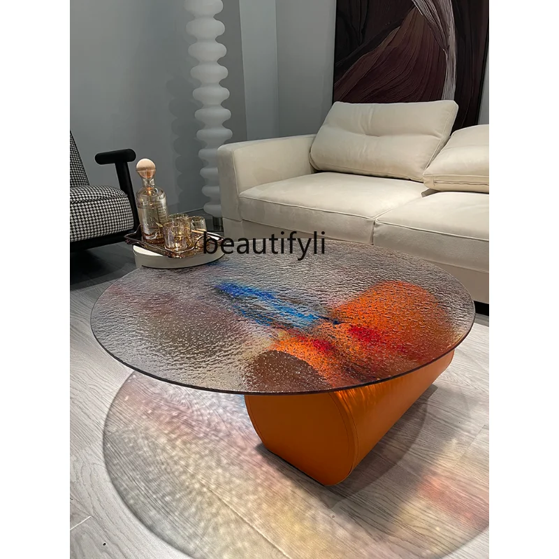 

Rainbow Italian Minimalist round Small Apartment Design FRP Marble Water Ripple Glass Plastic Tea Table living room furniture