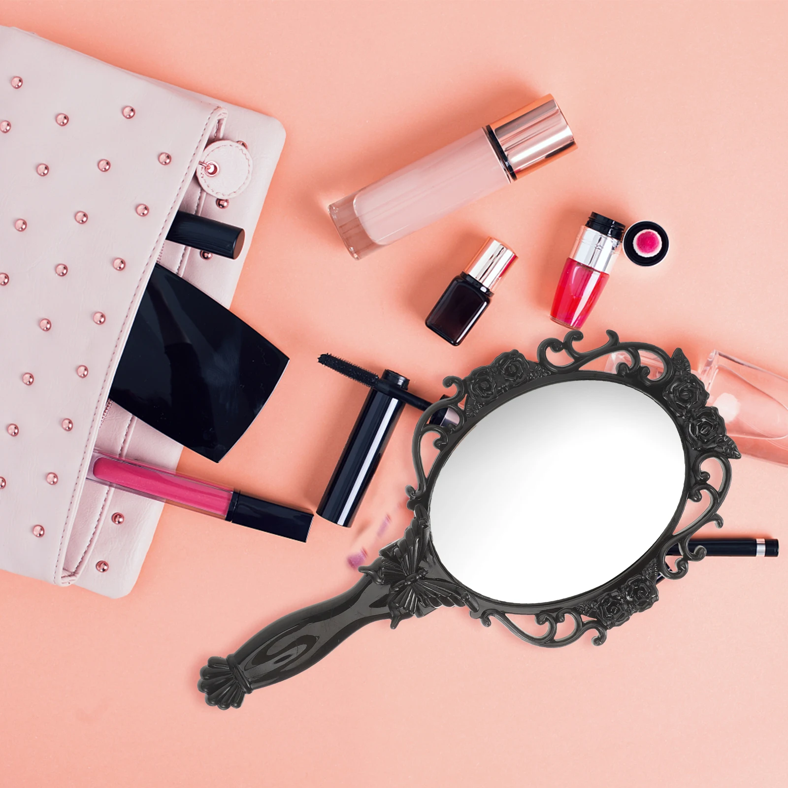 مرآة مدمجة للنساء بتصميم وردي لطيف ومحمول باللون الأسود