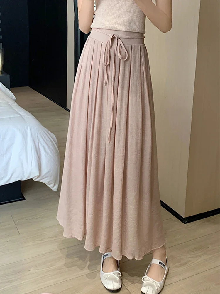 

Cotton Linen Long Skirt for Women 2024 Summer Korean Simple Sold All-match A Line High Waist Pleated Midi Skirt Female Z535