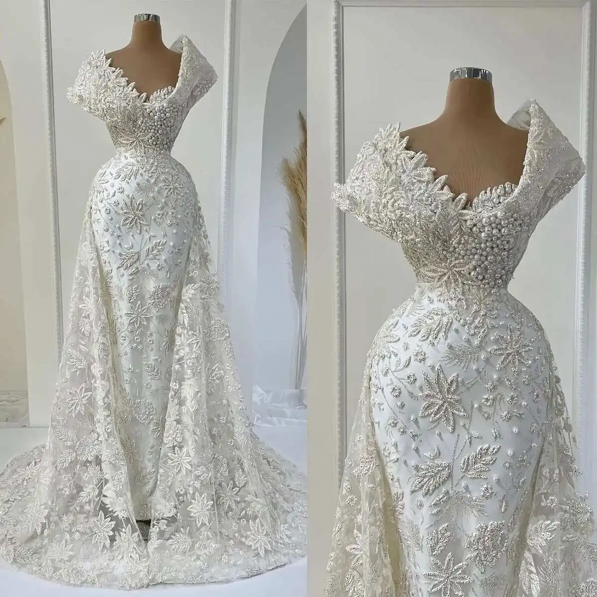 

Elegant Mermaid Wedding Dresses For Women Sheer Neck Sleeveless Bridal Gown Pearls Sequins Detachable Train Customized Dress