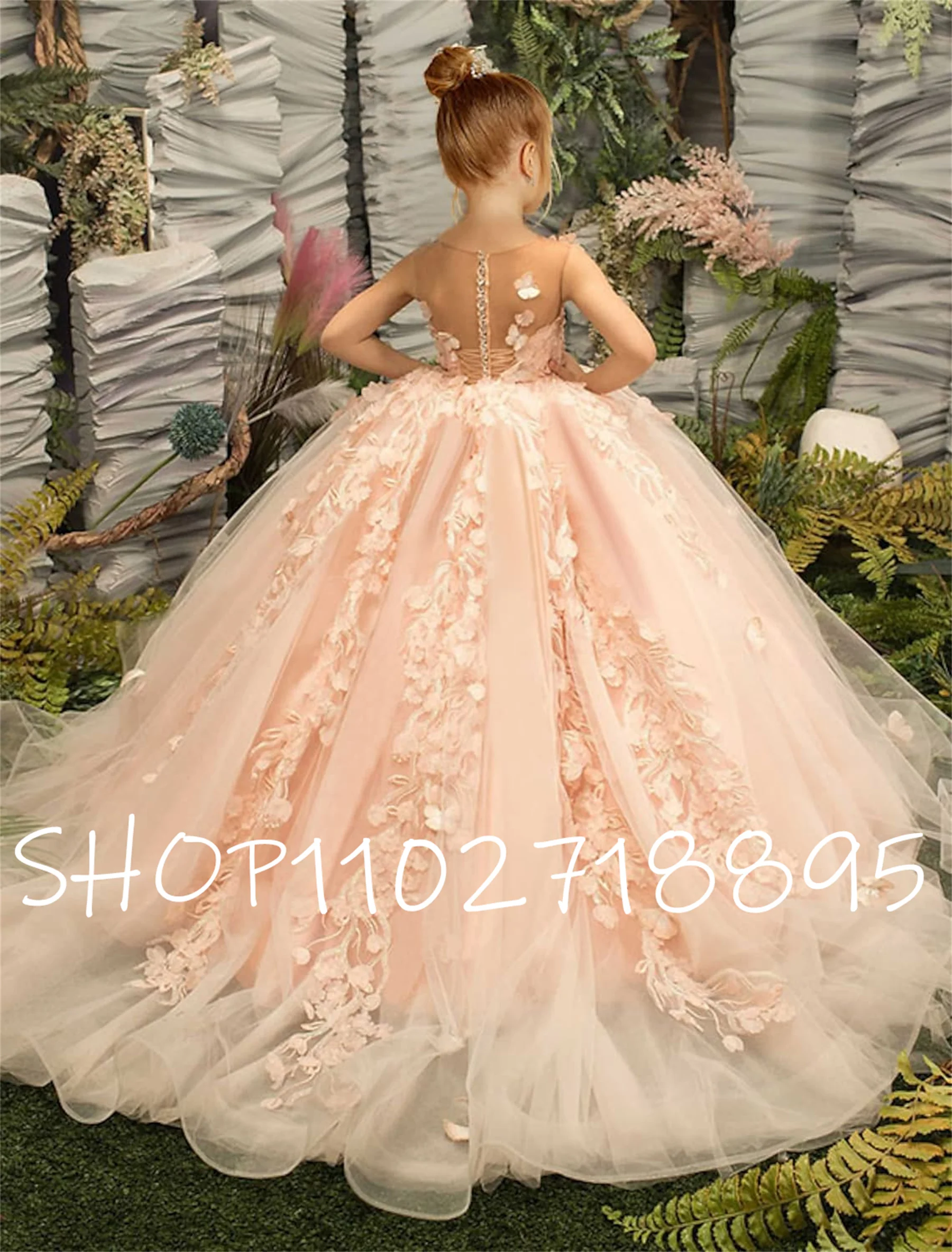 

Champagne Ivory Girls Ball Gown Cute Bow-knot Lace Flower Girls Dress For Wedding Christmas Dress For Girls Robe Princesse Fille