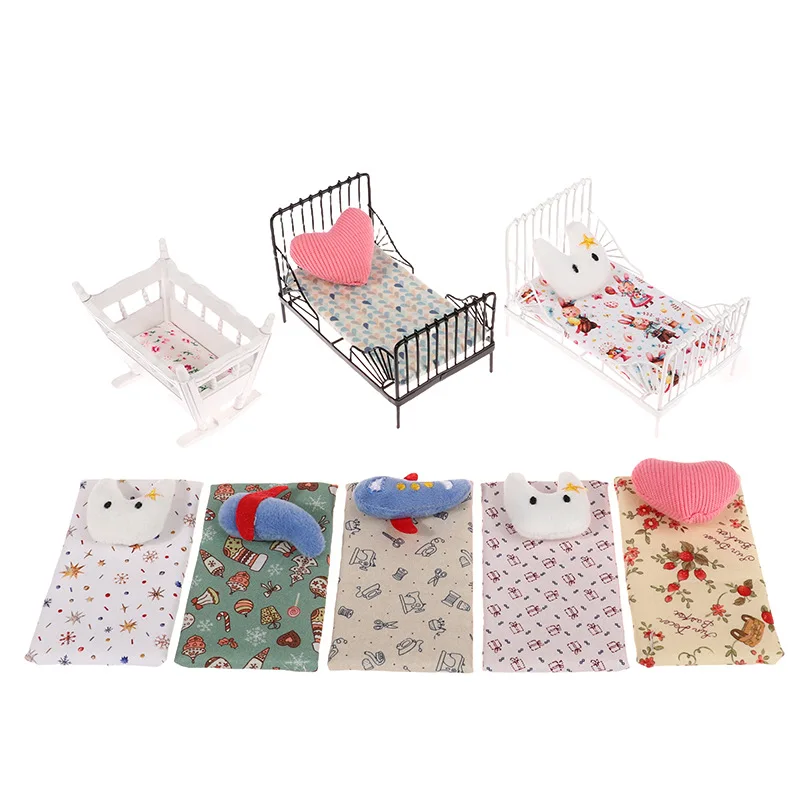 Dollhouse Accessories Simulation Furniture Mini Iron Bed Children Bed + Cute Plush Pillow Miniature Scene Ornaments