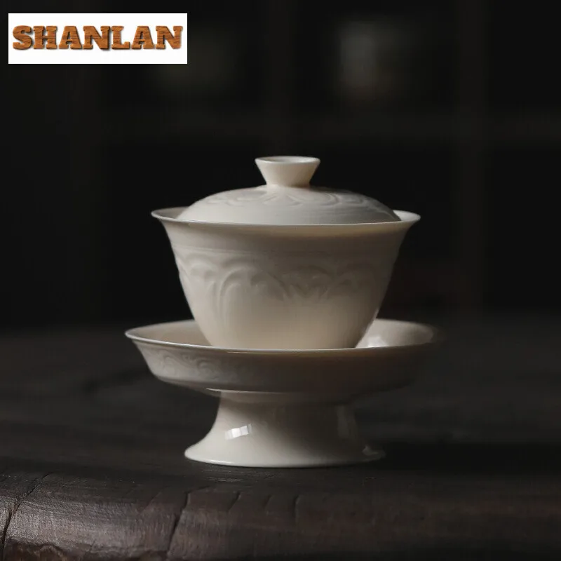 

130ml Solid Color Handmade Relief Cover Bowl Household Anti Scald Gaiwan Vintage Tea Tureen Tea Making Teaset Collection Gifts