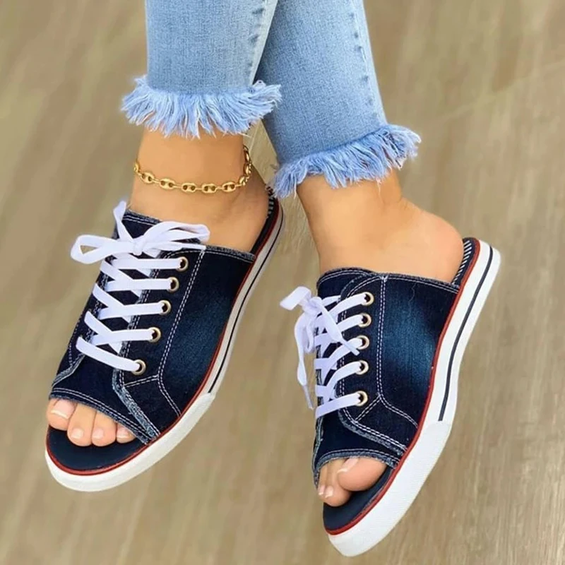 Women\'s Casual Female Fashion Denim Beach Shoes Plus Size Women Canvas Slipper Woman Lace Up Ladies Peep Toe New Flat