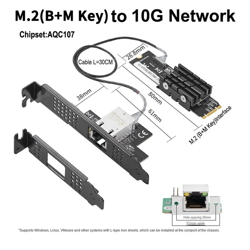 IOCREST RJ45 Lan Network Adapter Card AQC107 Chip M.2 To Single Port 10 Gbase Ethernet Gigabit Nic B Key M Key 10G/2.5G/1000M