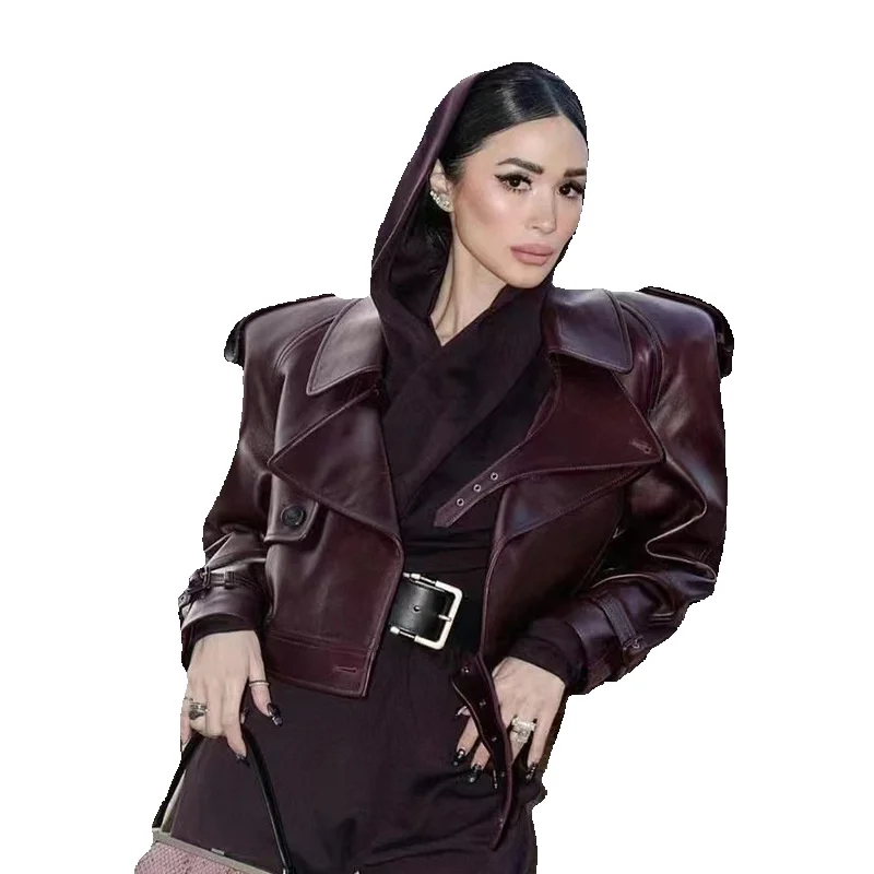 

Walking Style Yang Shulin Classic Wine Red Ultra Short Shoulder Leather Jacket Short Jacket For Women