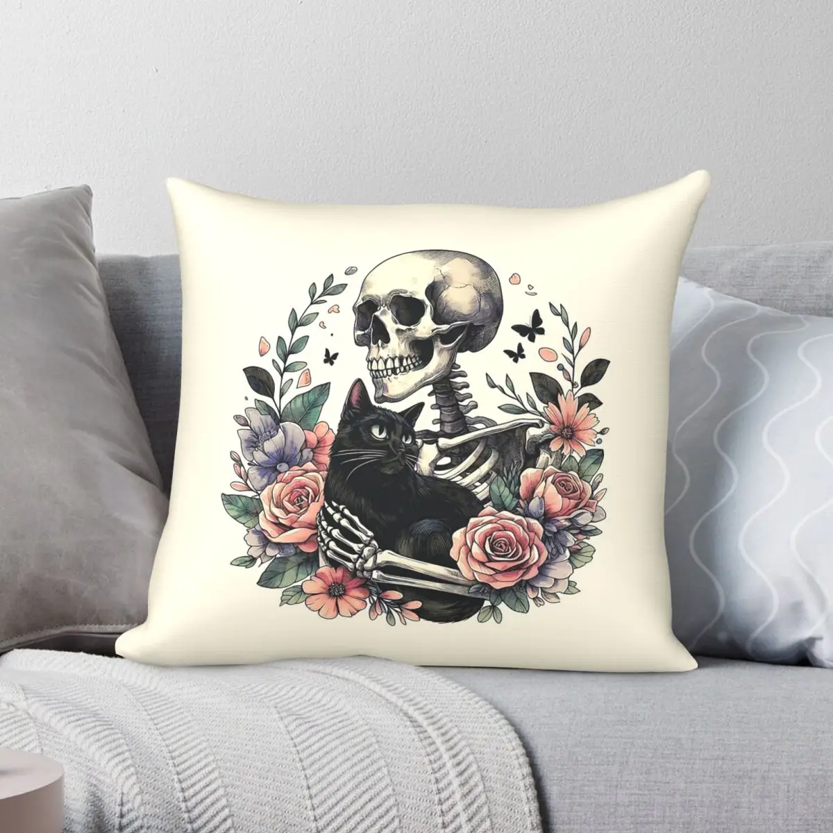 Skeleton Hugging Cat Flowers Square Pillowcase Polyester Linen Velvet Printed Zip Decorative Room