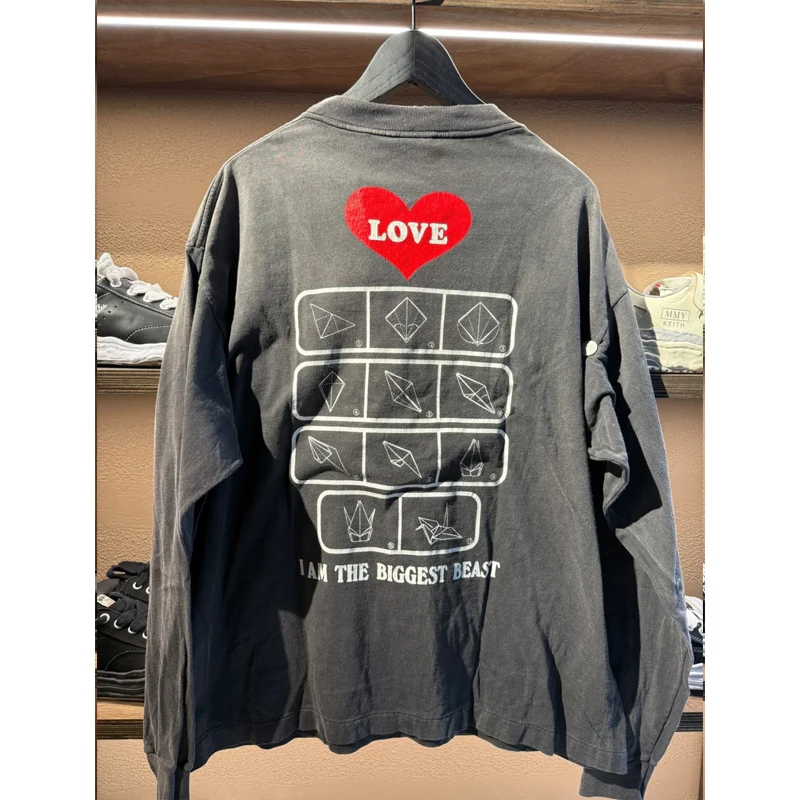 Blue Love Letters Print Long Sleeve Saint Washed Black T-shirt Men Women High Quality Back Red Heart Paper Crane Printed T Shirt