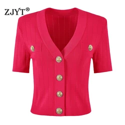 ZJYT Summer Cardigan Sweaters for Women Knitting Tops Short Sleeve Single Breasted Slim Fit Knitwears White Jersey Mujer Fashion