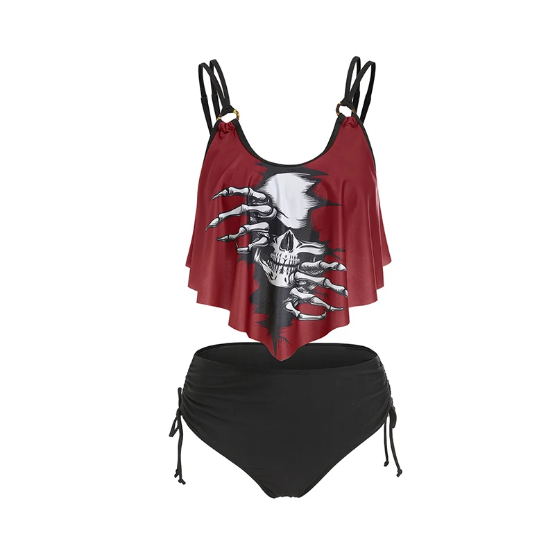 Gothic Skull Print Cinched Strappy Women Tankini Set High Waist Padded Wire Free Swimsuit Casual Bathing Suits Beachwear