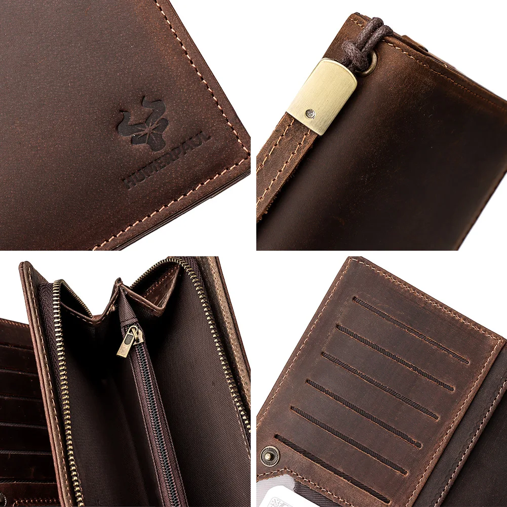 HUMERPAUL Full Grain Leather Wallet for Men Long Clutch with Cell Phone Pocket Multifunctional RFID Credit Card Holder Handbags