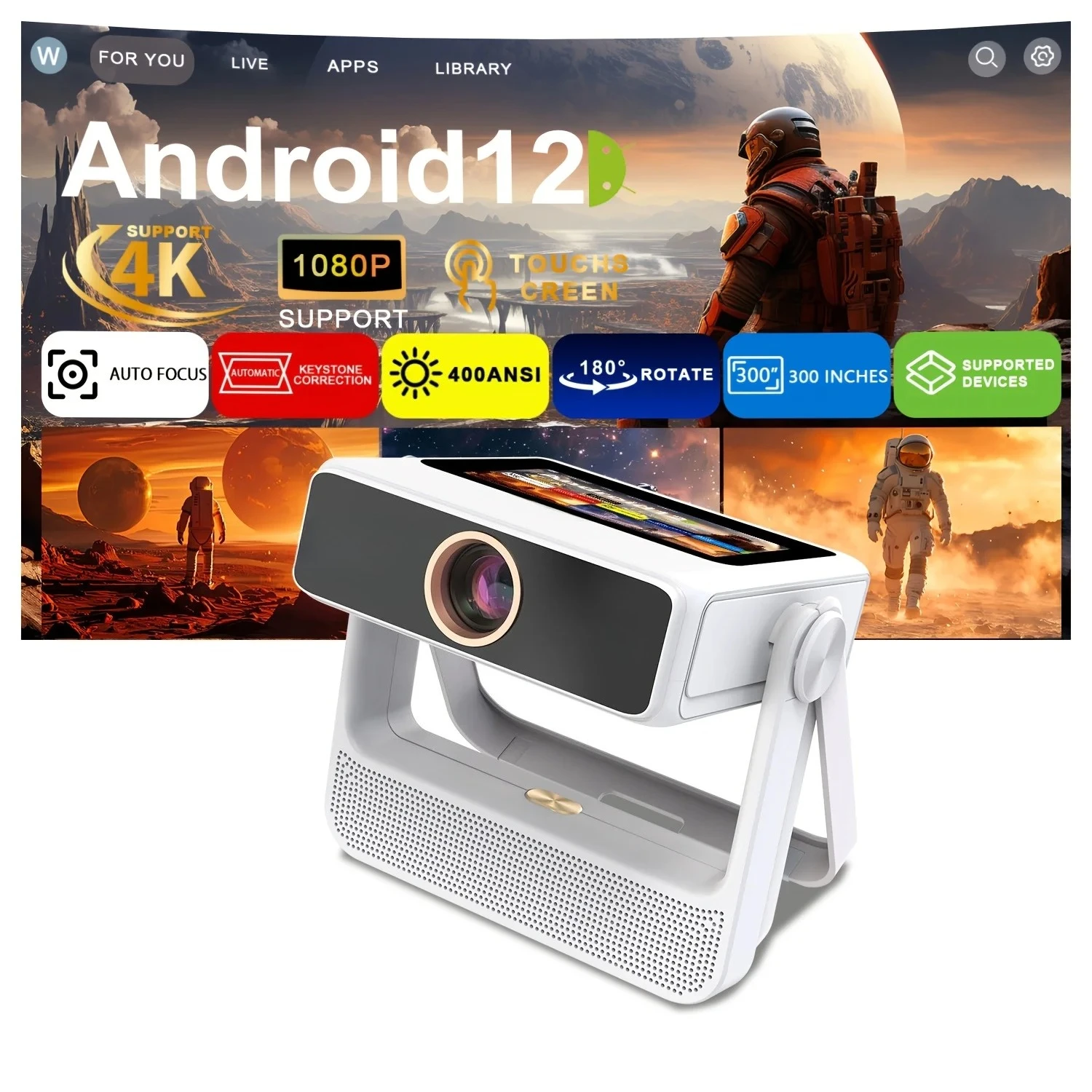 Screen Portable Projector, 4K Video Supported WiFi Bluetooth, Auto‑Focus Mini Gaming Movie Projector for Home & Outdoor Use