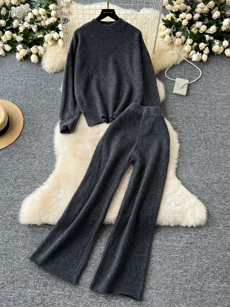 Casual Cashmere Women Knitt Suits Solid Loose Pullover+Wide Legs Long Pants 2024 Autumn Winter Thick Sweater Basics 2 Piece Set