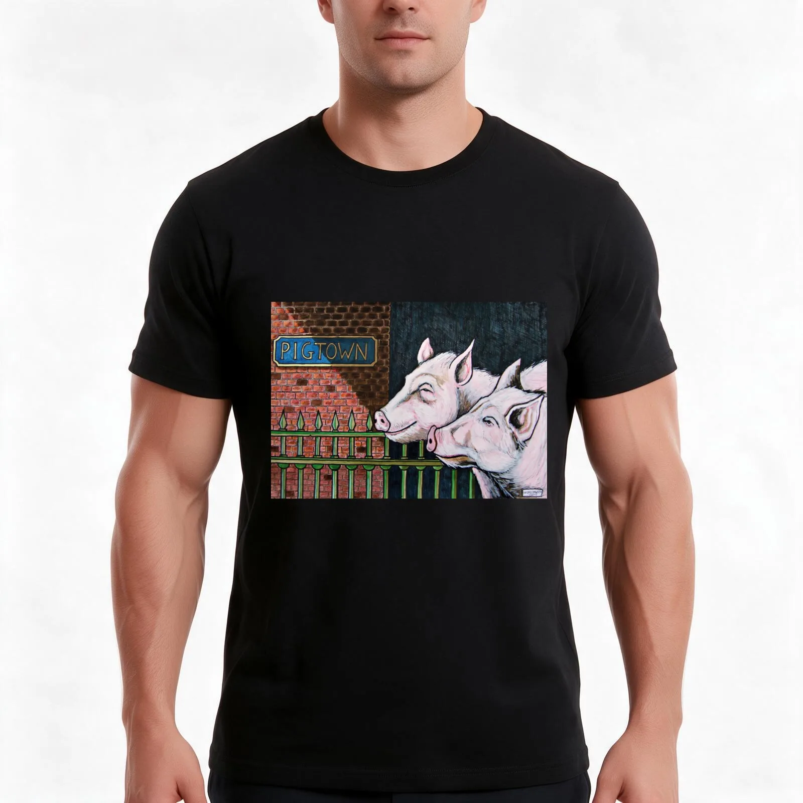 Evidently Pigtown -technical pen, brush marker,acrylic ink on 29.7 x 42cm Bristol paper T-Shirt, Summer Casual Cotton Tee