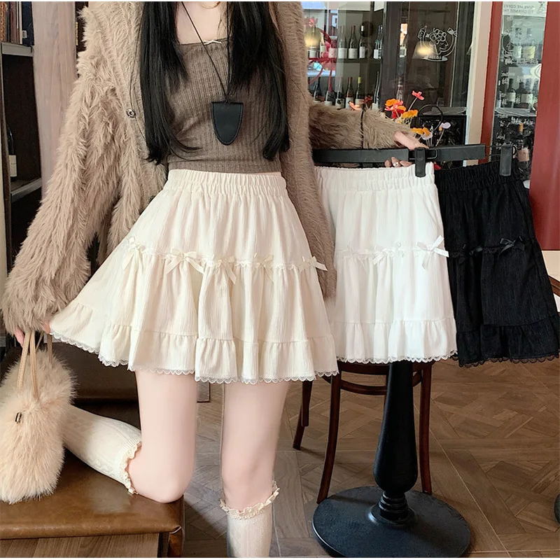 2026Spring new sweet ballet-style bow skirt, high-waisted layered lace trim puffy short skirt for women