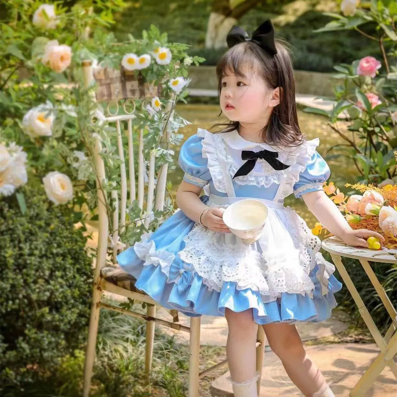 0-8Y Baby Girl Summer Blue Alice Turkish Vintage Lolita Princess Ball Gown Dress for Birthday Holiday Casual Eid