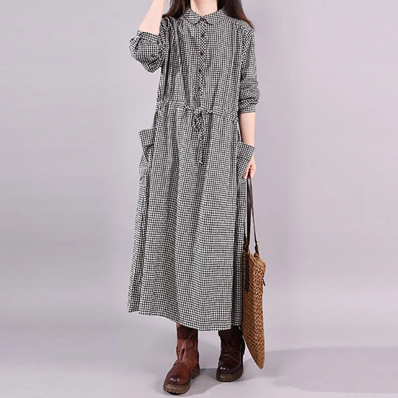 Classic Plaid Dress Polo Collar Long-sleeved Cotton and Linen Dress Autumn Belt A Line Retro Mid-length Dress Vestidos Women\'s