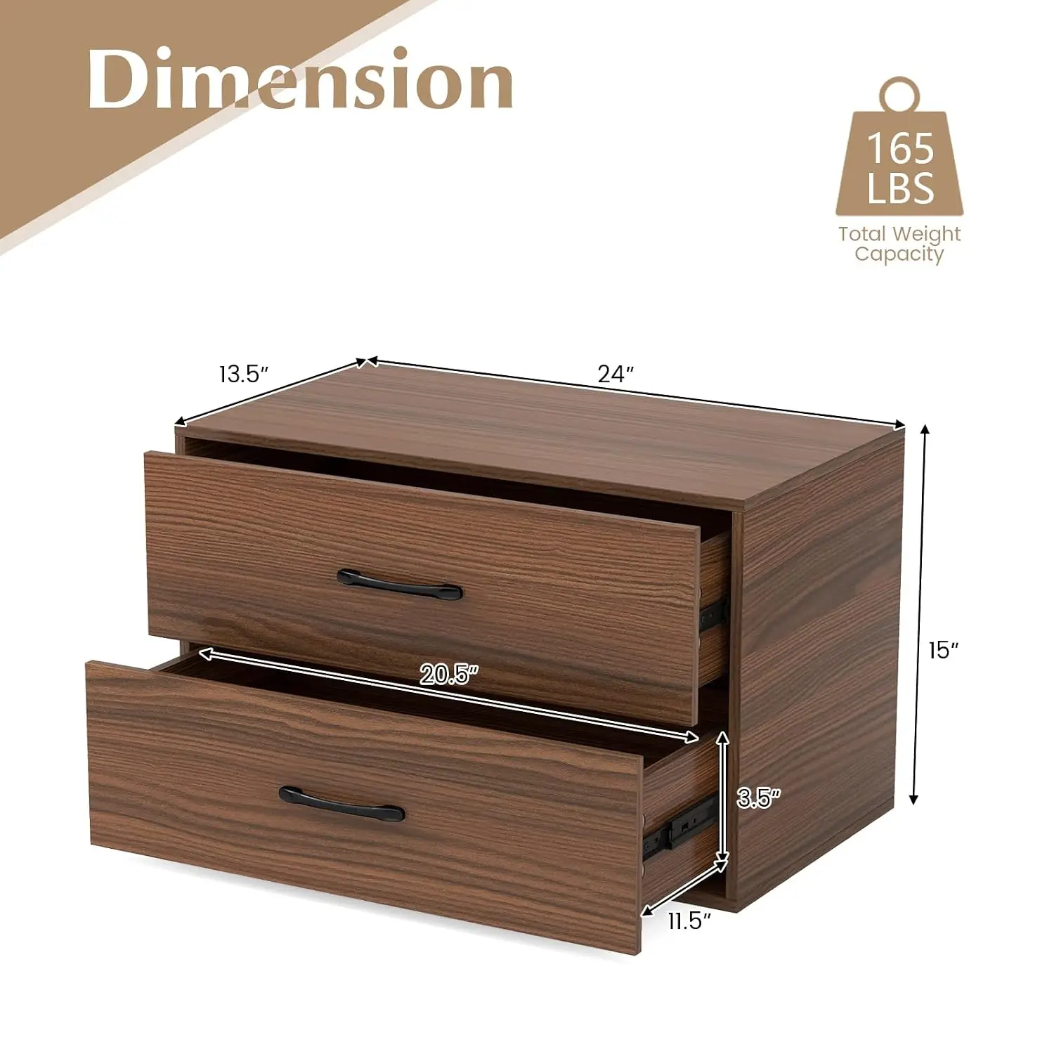 Walnut 2 Drawer Lateral File Cabinet, Stackable Under Desk Storage, Wooden Printer Stand for Home Office, No Wheels, Customized