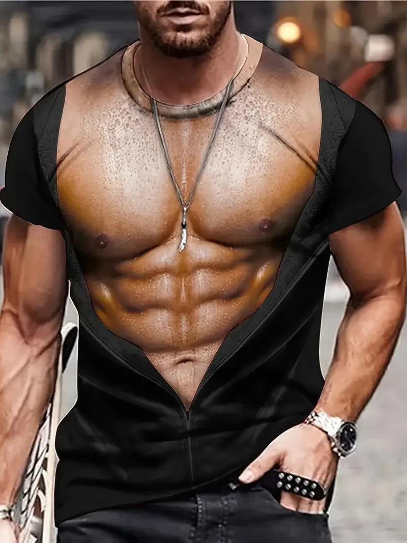 3D Digital Muscular Male Body Pattern Crew Neck And Short Sleeve T-shirt Novel And Stylish Summer Tops For Outdoors Casual Tees