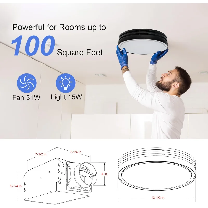 مروحة عادم الحمام Akicon مع ضوء، 110CFM، 2.0 نطاق للسقف، ضوء LED قابل للتعتيم 1000 لومن وإضاءة ليلية 150 لومن مزدوجة اللون