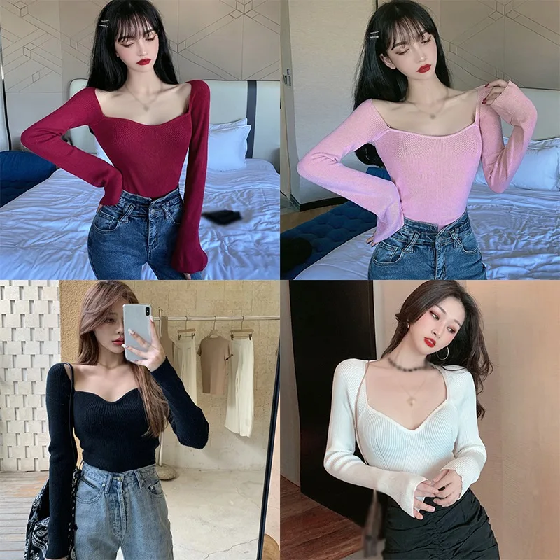 Vintage Sexy Knitted Top For Women Square Collar Collarbone Slim-Fit Long-Sleeved Sweater Lady All-Match Solid Color Base Tops