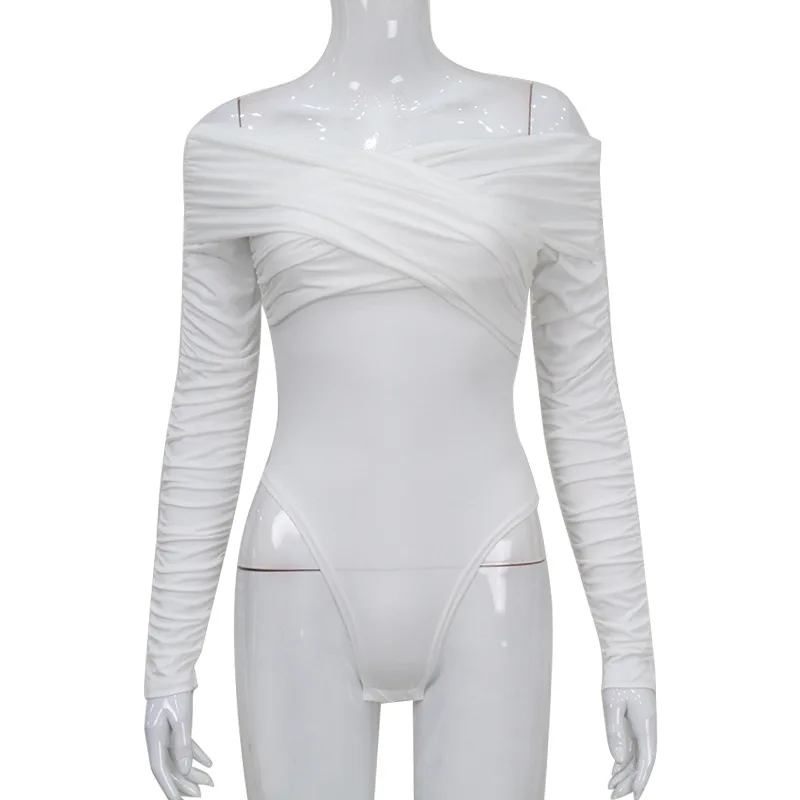 Combinaison élégante à épaules dénudées, col en V, manches longues froncées, taille haute, ajustée, pour soirée de fête