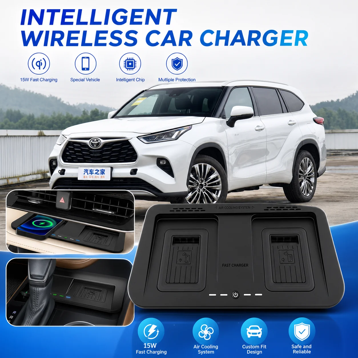 For Toyota Highlander 2022-2025 Fast Qi Wireless Car Charger 15W Auto-Clamp Charging Pad - Wireless Car Charger Accessory
