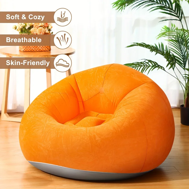 1pc Comfortable Inflatable Bean Bag Lazy Sofa，Portable In Multiple Colors PVC Leisure Chair，Flocked Surface，