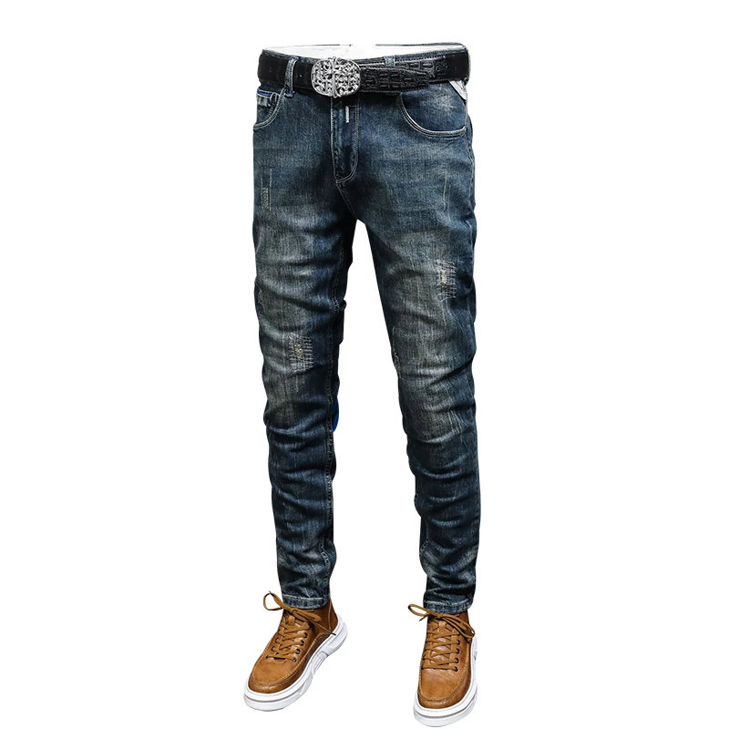 

JXN805 Tide washed trousers stretch grinding white dark blue jeans men's Slim high quality European