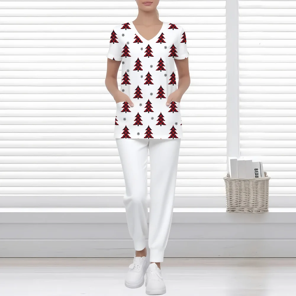 ชุดแพทย์สตรีคริสต์มาสสโนว์แมนรูปแบบพิมพ์ชุดทันตแพทย์ชุดแฟชั่นชุดผ่าตัดผู้หญิงแขนสั้นชุด